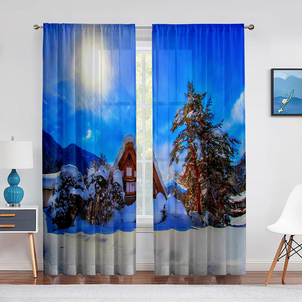 Winterwald-Berglandschaft mit schneebedeckten Bäumen, transparente Voile-Vorhänge für Wohnzimmer, Schlafzimmer, Tüllvorhänge, Fensterbehandlungen