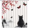 Japanese Shower Curtain Asian Style Traditional Ink Painting Cherry Blossom Plum Black Cat Vintage Bathroom Decor Curtains Set