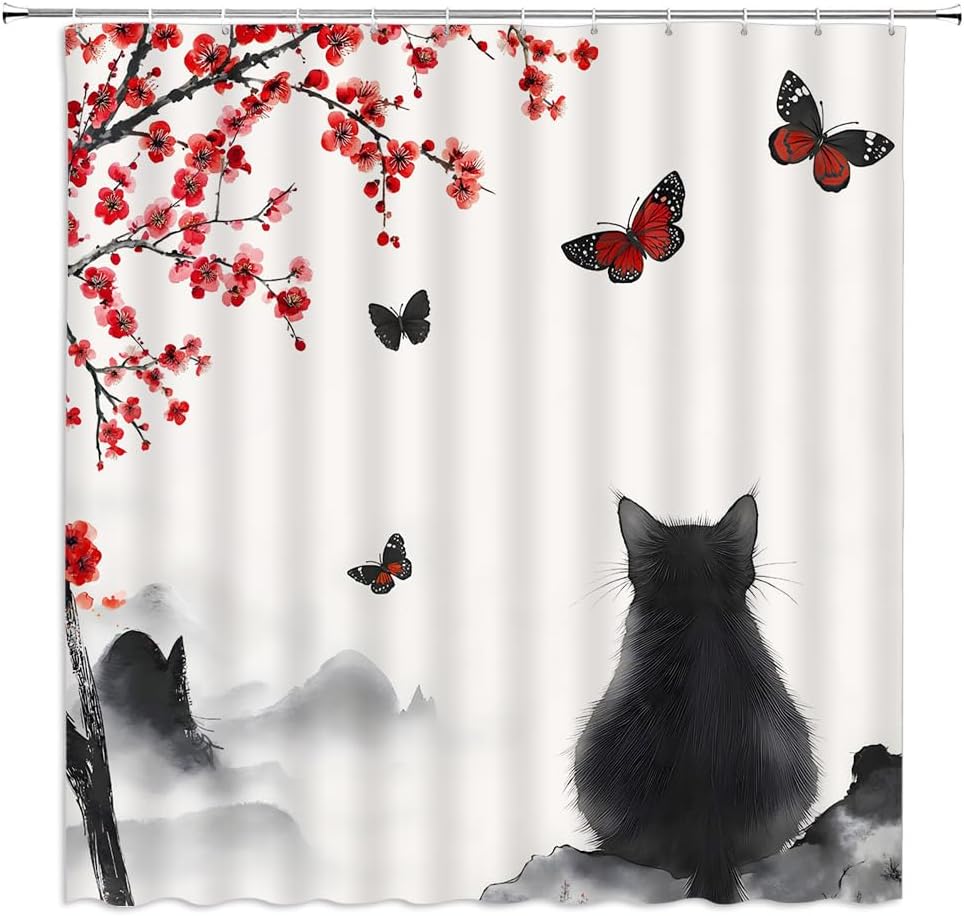 Japanese Shower Curtain Asian Style Traditional Ink Painting Cherry Blossom Plum Black Cat Vintage Bathroom Decor Curtains Set