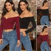Summer Fashion Women European Off-The-Shoulder Deep V Button Long-Sleeved Knit Top
