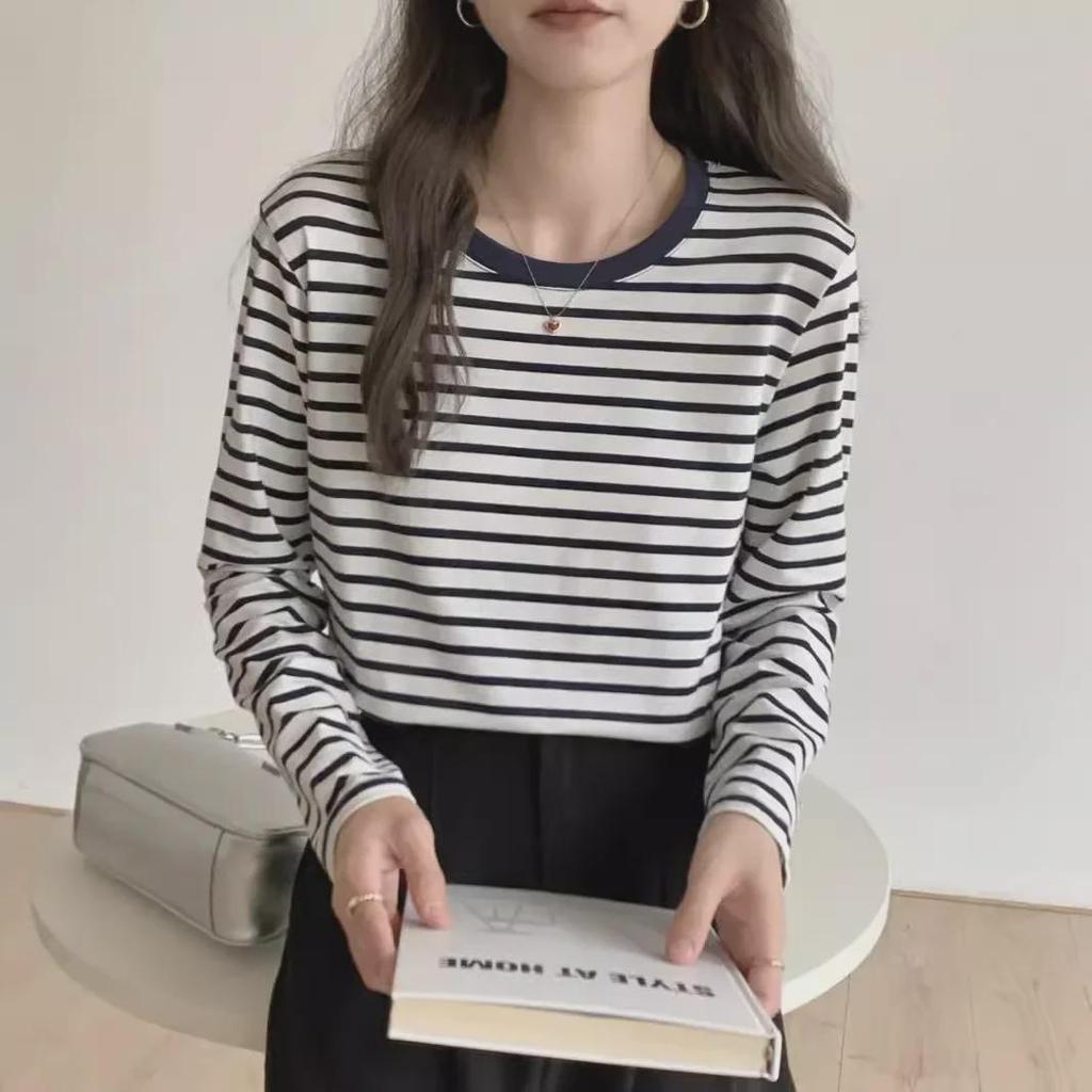 Women's Spring 2025 Green Striped Long-Sleeve Round Neck T-Shirt: Loose-Fit, Slim-Style, Commuting Top