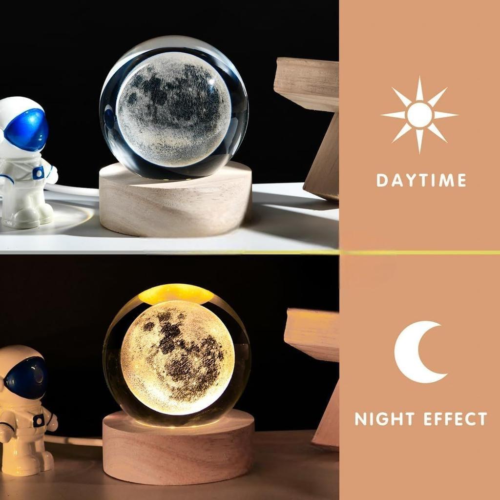 3D Månkristallkula Nattlampa, Kreativ Graverad Nattlampa USB Bords-LED-lampa med Träbas, Ljus för Hemkontorsdekoration (Måne)