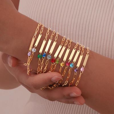 Huanmu Jewelry Damen-Armband aus Gold mit gravierbarem Anhänger aus rotem Zirkonia und Geburtssteinkette