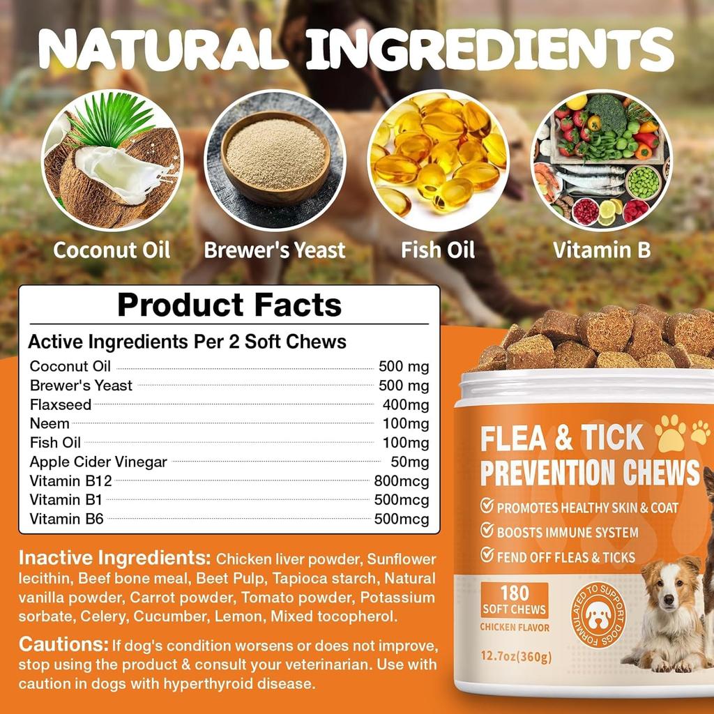 Flea and Tick Prevention for Dogs Chewables - Natural Dog Flea and Tick Treatment Chewable - Oral Flea Supplement for Dogs - Puppy Flea Support - All
