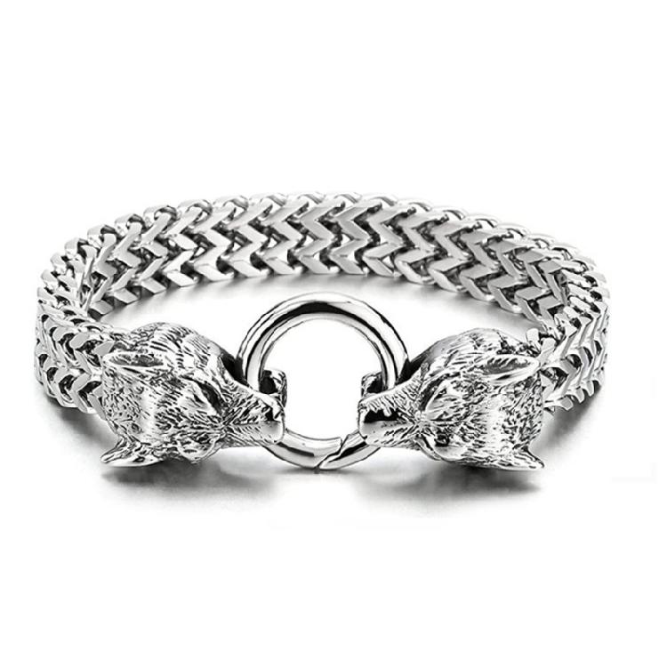 Men's Stainless Steel Bracelet with Wolf Head Designs Adjustable Wristband Accessory for Fashion Forward Individuals