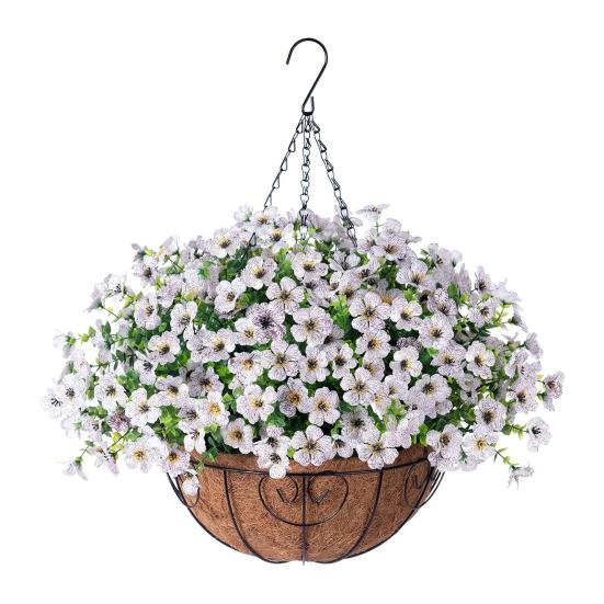 Künstliche Blumen Hängekorb Kunstblumen mit Eukalyptusblättern Hängepflanzer Enthält Blumen für Frühling Sommer Veranda Garten Terrasse