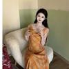 French Retro Atmosphere Super White Orange Plaid Suspender Dress Women's Summer New Waist and Thin Medium and Long Dress