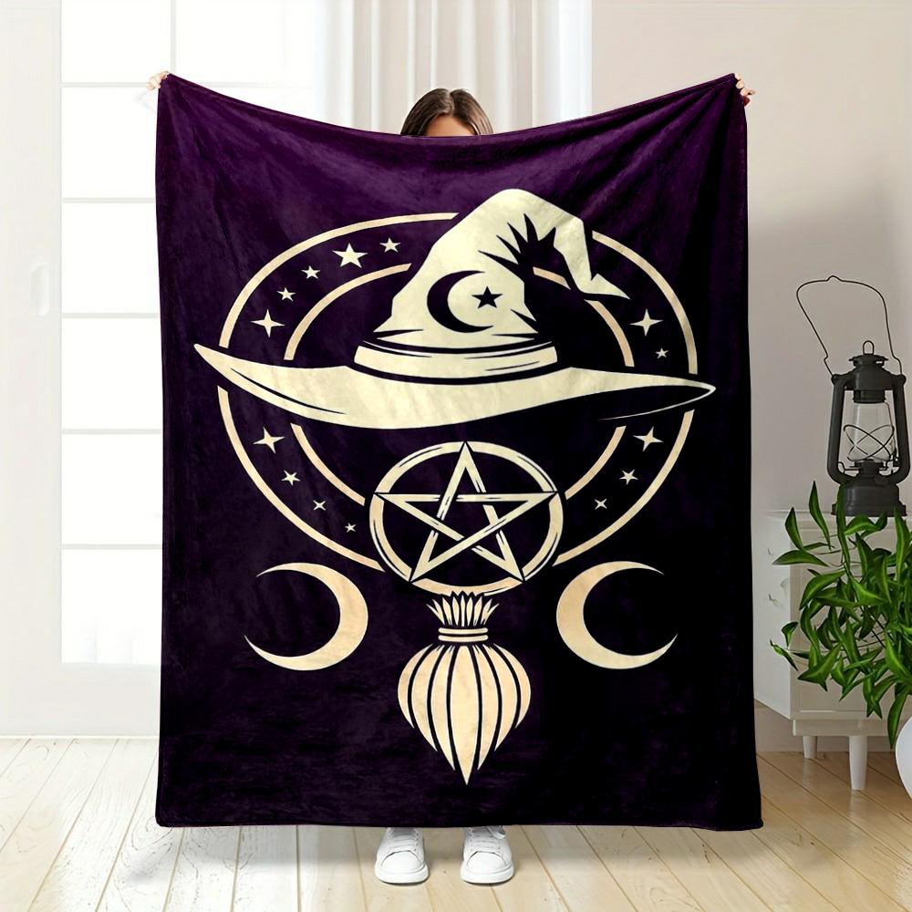 Mystical Witch Hat and Moon Design printed Flannel blanket for bedroom, living room, sofa, and nap