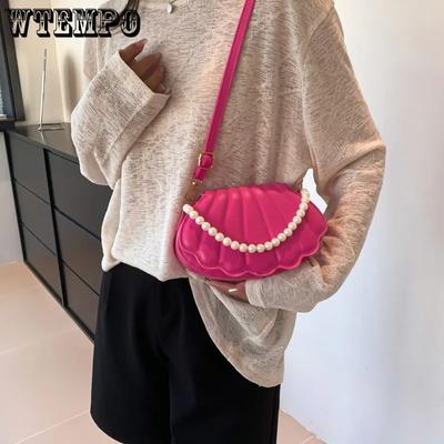 Four Seasons Casual Solid Color Creative Women’s Shoulder Bags Pearls Chain Shell Tote Bag Crossbody Bag