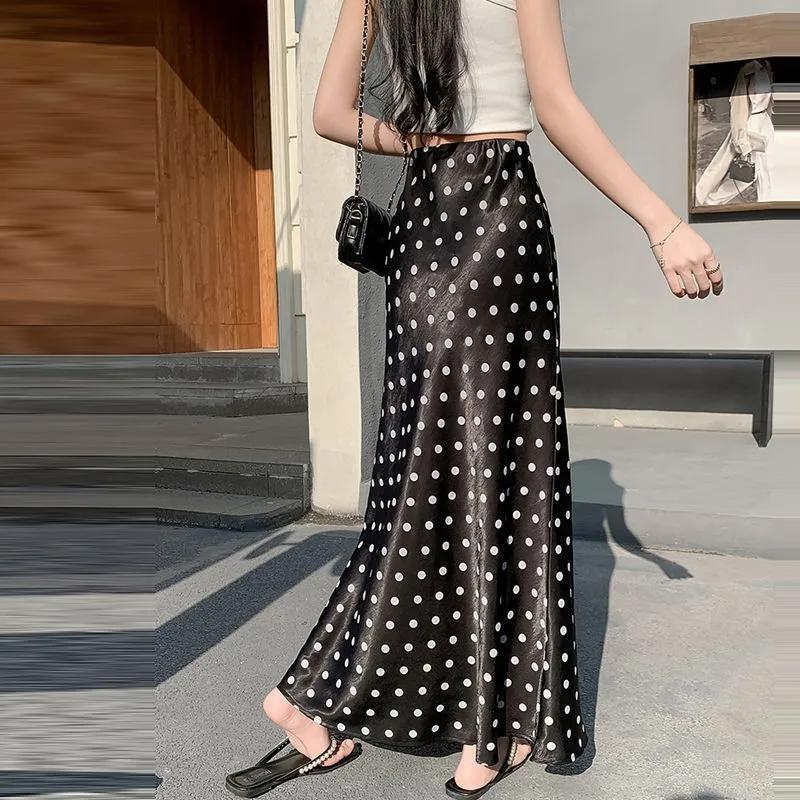 Satin Polka Dot Mermaid Skirt - Flowy Bodycon Midaxi High Waist Flattering Skirt for Women