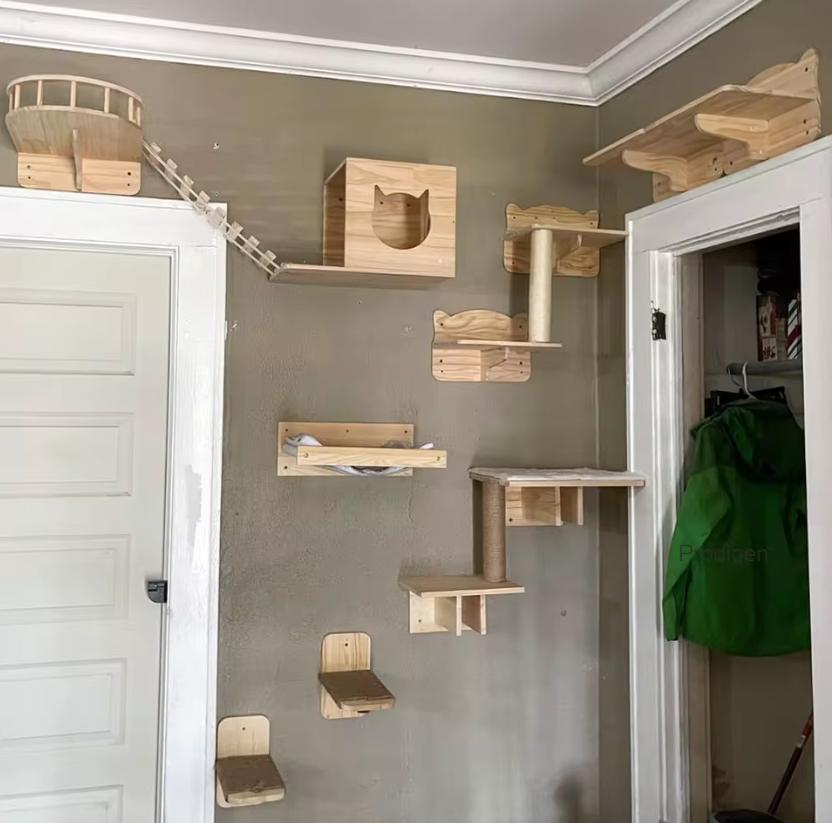 Wooden Cat Climbing Shelves Wall Mounted Cat Tree Sisal Scratching Post Pedal Hammock Indoor Kitten Playground Cats Accessories