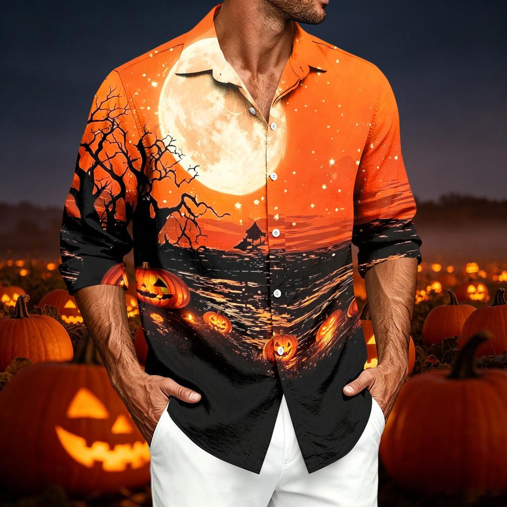 Men's Casual Long Sleeve Shirt with Halloween Print for Spring Fall
