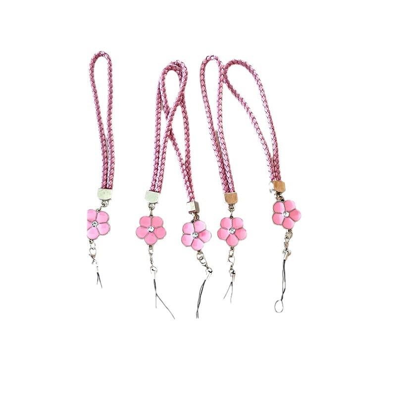Camellia Four-Leaf Clover PU Leather Phone Wrist Lanyard with Nylon Woven Cord and Phone Case Pendant
