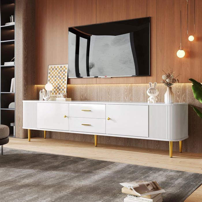 Lemonbest Modern 170 Cm TV Stand with Drawers and Wavy Sides Curved Edges, Low TV Cabinet with Handles and Golden Feet - White