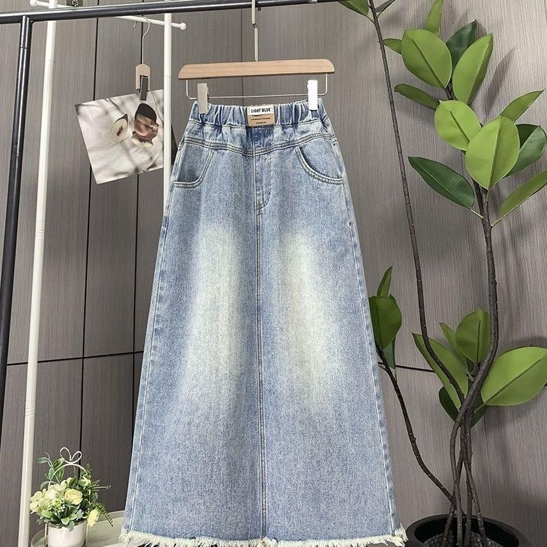 Large Size Summer Women s Clothing Loose Slit Denim Skirt High Waist and Thin Full Elastic Waist Light Blue Gradient Wash Frayed Hem  Long Denim Skirt S