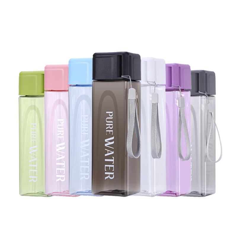 480ml Square Water Bottle Plastic Drinking Bottle Sports Water Cup With Portable Rope Leak-Proof Outdoor Juice Bottle Drinkware