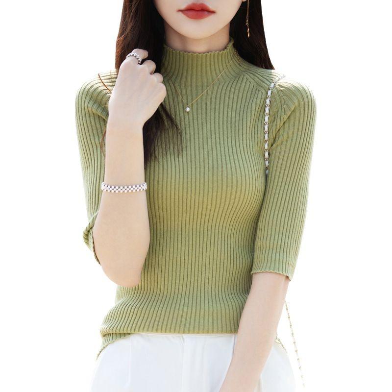 Korean Pure Cotton Mid-sleeved Sweater for Women's Summer Half-high Neck Thin Top Slim and Slim Inner Pullover Simple Half-sleeved