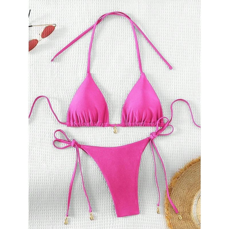 Sexy Pure Color Bikini Set with Strap Ne Hanging Pad Metal Bule Two-Piece Swimsuit Triangular Design Polyester Nylon Mate...