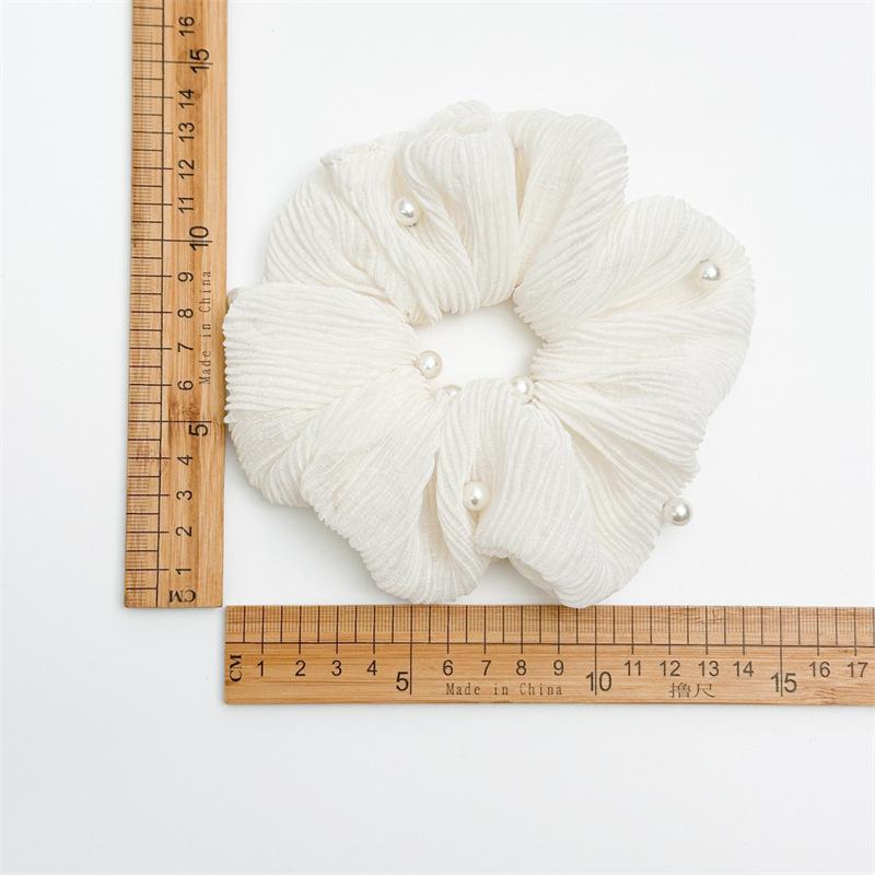 Pleated Texture Pearl Inlaid Large Hair Scrunchies Elegant White Pink Black Elastic Headbands Wedding Guest Hair Decor