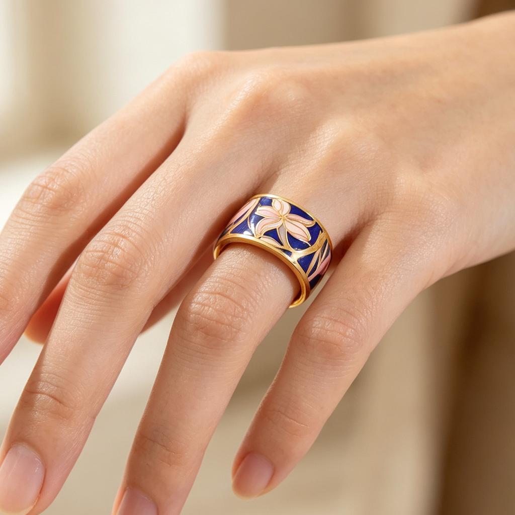 Broadband Enamel Colorful Floral Pattern Ring Retro Bohemian Party Jewelry Gift