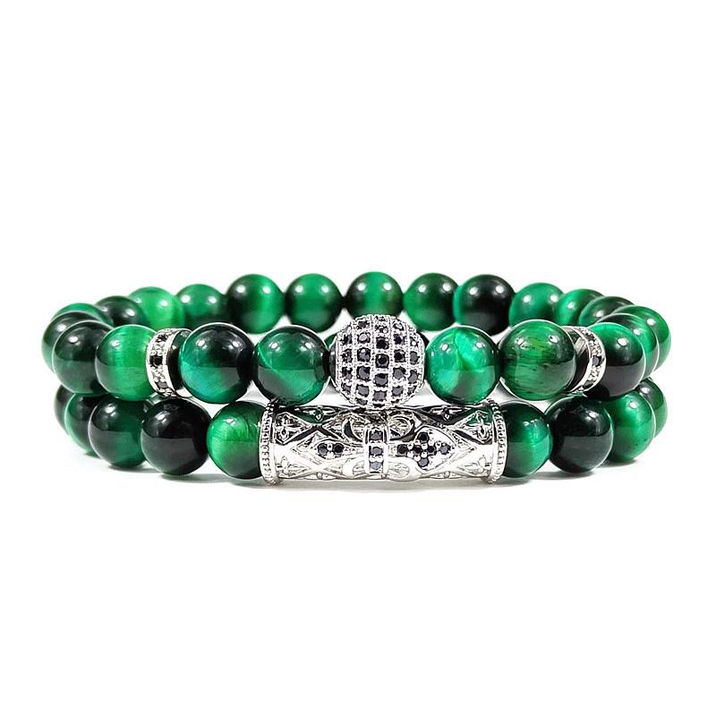10mm Red Tiger Eye & Matte Agate Bracelet Set with Rhinestone Pave Ball