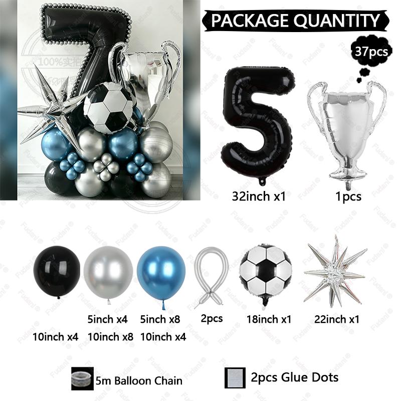 37pcs Silver Trophy Football Balloon Black Number 1-9 Birthday Balloon Set Sports Theme Party Decoration Festival Supplies
