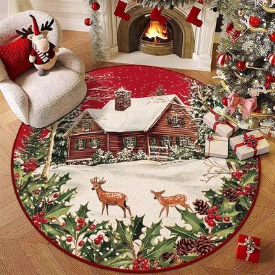 Weihnachtsteppich Wohnzimmer Schmutzabweisend und Pflegeleicht Imitation Kaschmir Teppich Rund Waschbarer Stoffsohle Fußpolster