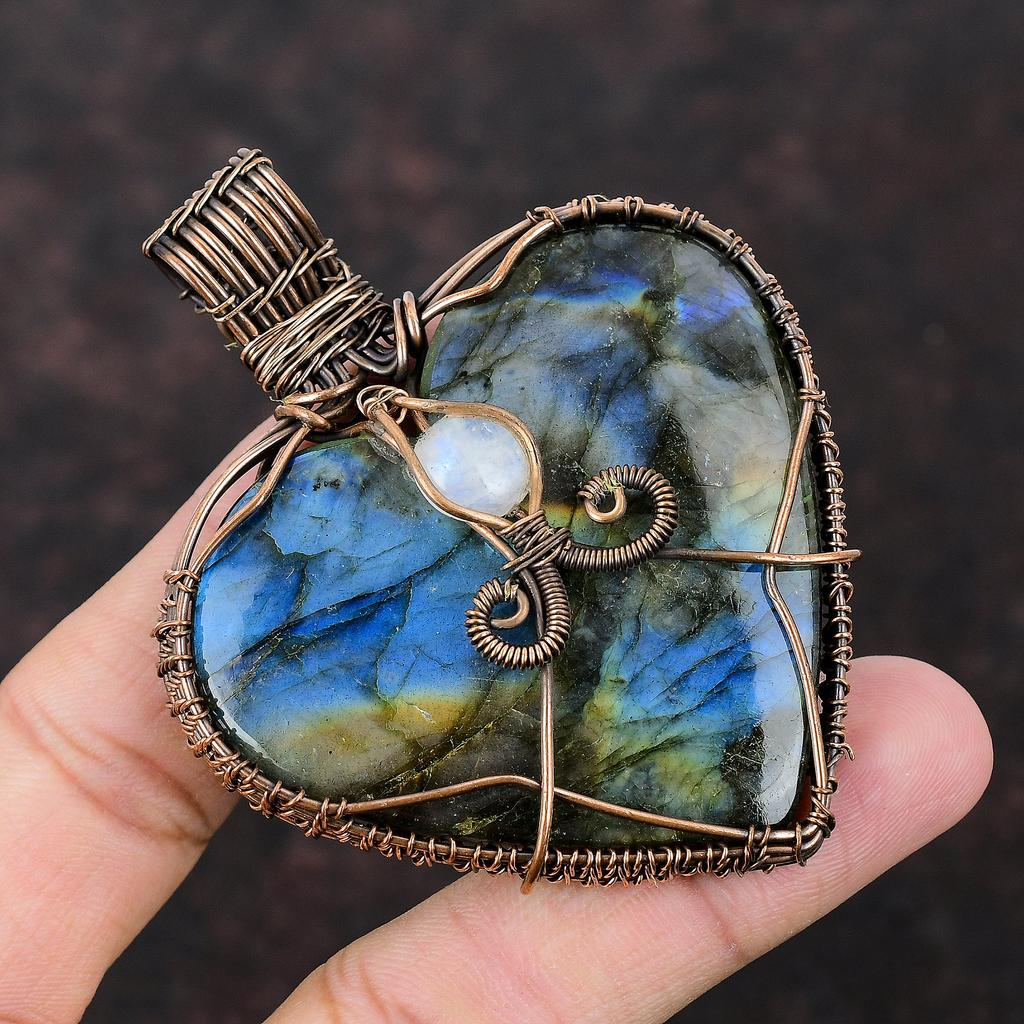 Labradorite Pendant Copper Wire Wrapped Gemstone Pendant Rainbow Moonstone Pendant Handmade Copper Jewelry Gift For Her Heart Design Pendant