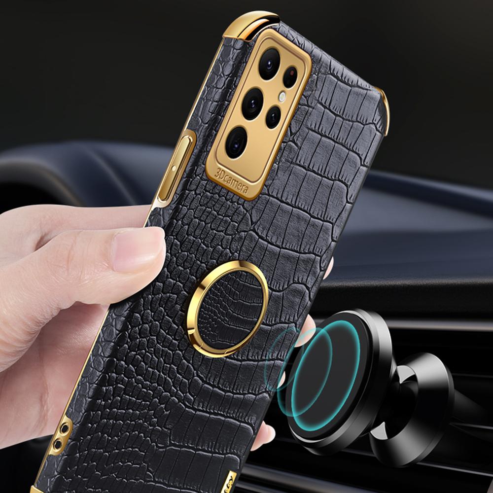 For Samsung Galaxy S24 Ultra Cell Phone Case Crocodile Texture Ring Kickstand Leather+TPU Cover