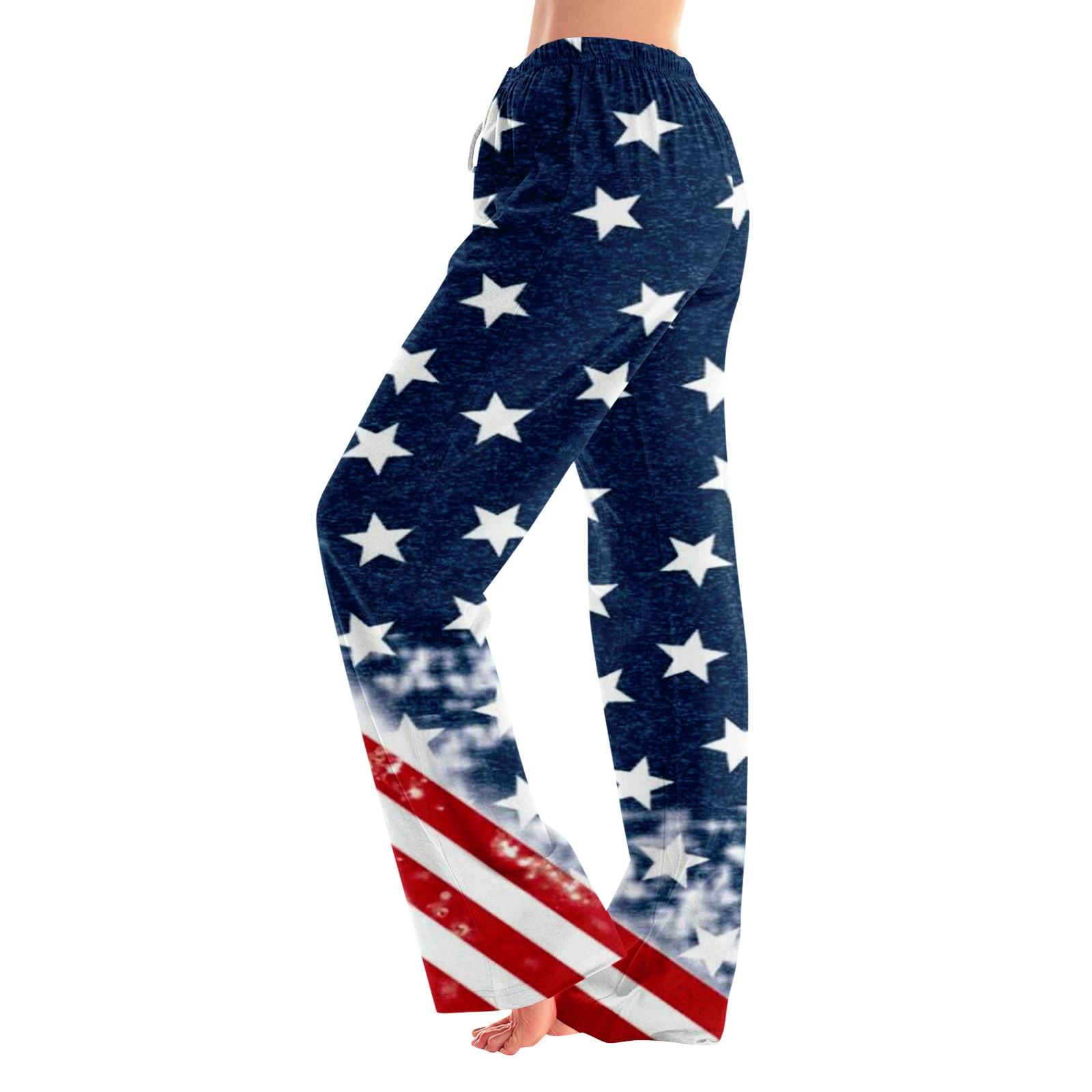 Women s Fashion Loose Independence Day Casual Stitching Printed Casual Pants XXL горячий розовый