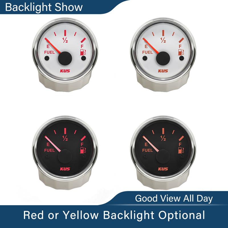 KUS New 52mm Auto Marine Fuel Oil Level Gauge Meter 0-190 ohm 240-33ohm with Red Yellow Backlight 12V/24V for Car Boat