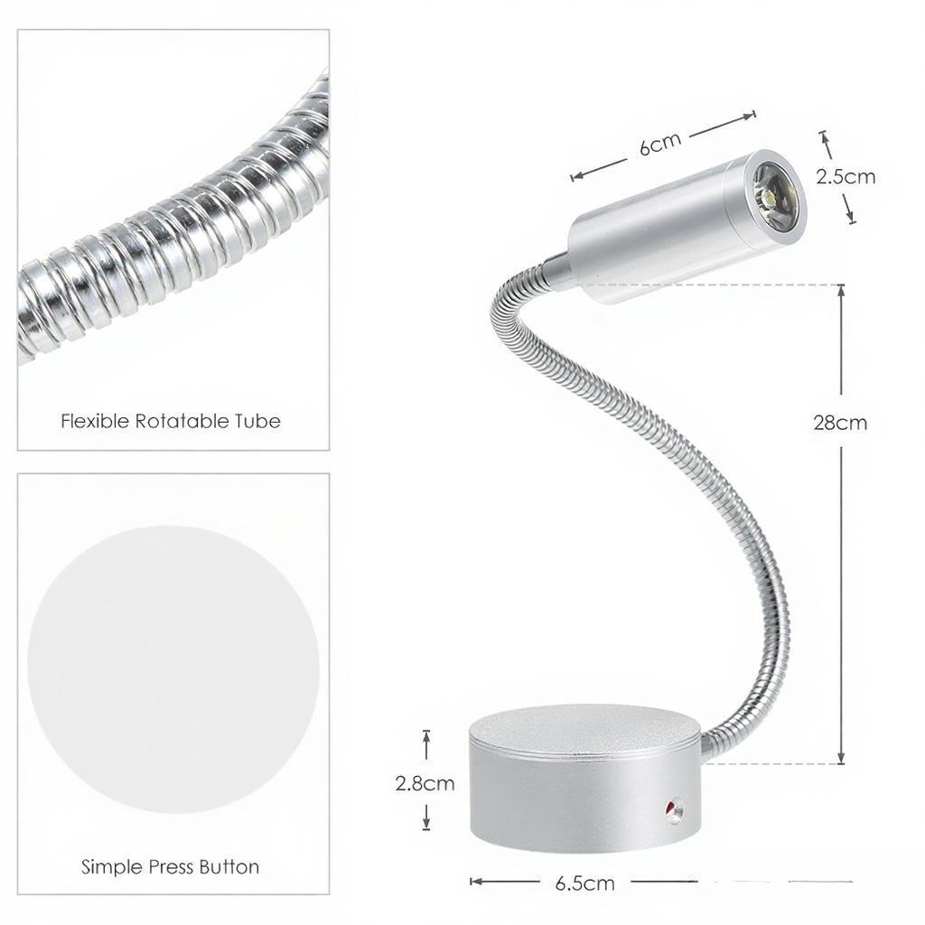3W LED Wall Light Bedside Lamp Soft Flexible Adjustable Tube With Switch for Reading Bedroom Cafe Shop Dresser