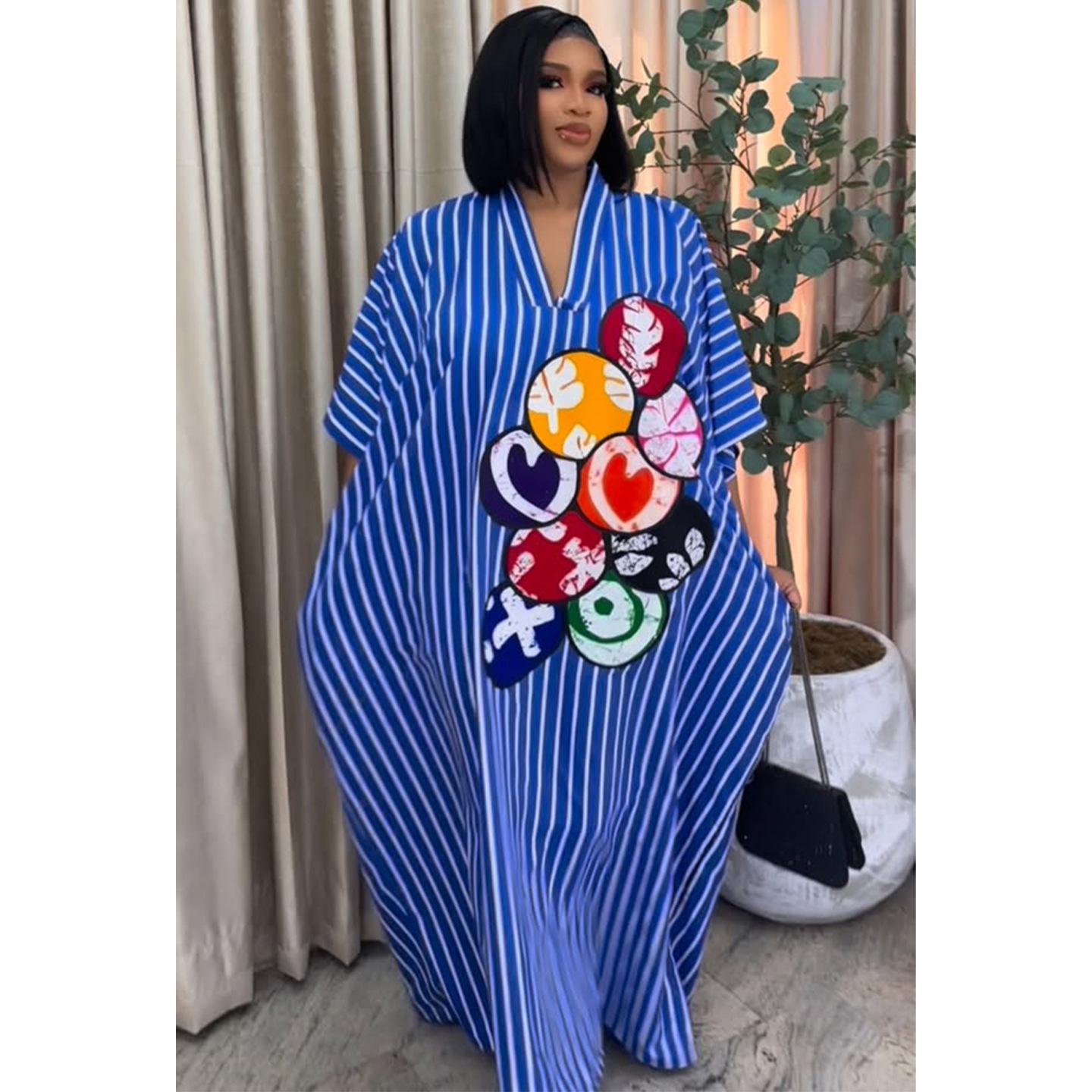 2026 Spring Arrival: Plus Size Blue & White Striped Dress - European & American Casual Resort Style Large
