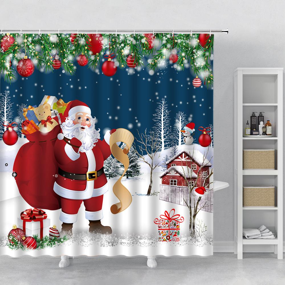 Christmas Shower Curtains Santa Claus Farmhouse Cabin Snowman Snowflakes Winter Gifts Xmas Holiday Bathroom Decor with Hooks