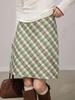 2025 A/W High-Waisted Retro Green Plaid Wool Midi Skirt