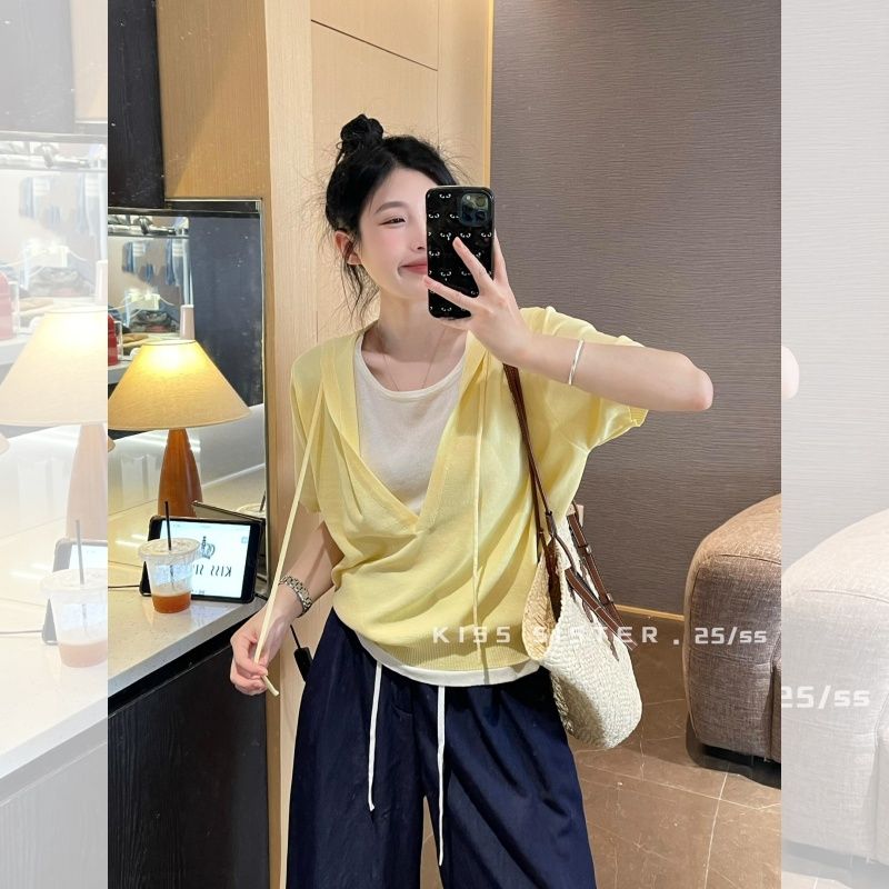 Frühlings- und Sommerstil Kapuzenpullover Fake Zweiteiler Eisseide Strick Kurzarm-Top