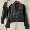OFTBUY Dámská vintage volná krátká bunda z umělé kůže s páskem na motorku, dámská retro moto bikerská bunda, svrchní prádlo, topy