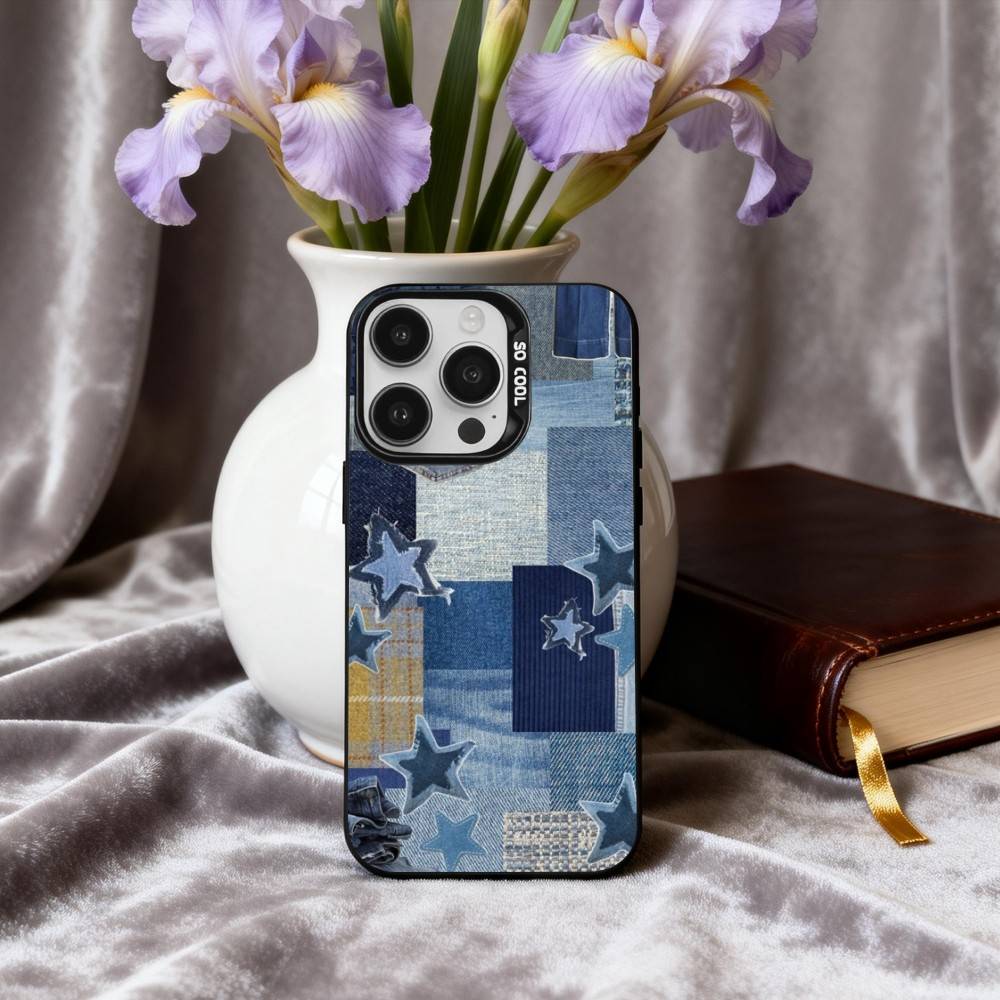 R-Retro D-denim patches  Phone Case For iPhone17,16,15,14,13,12,11 Plus,Pro Max Black Candy silver phone case