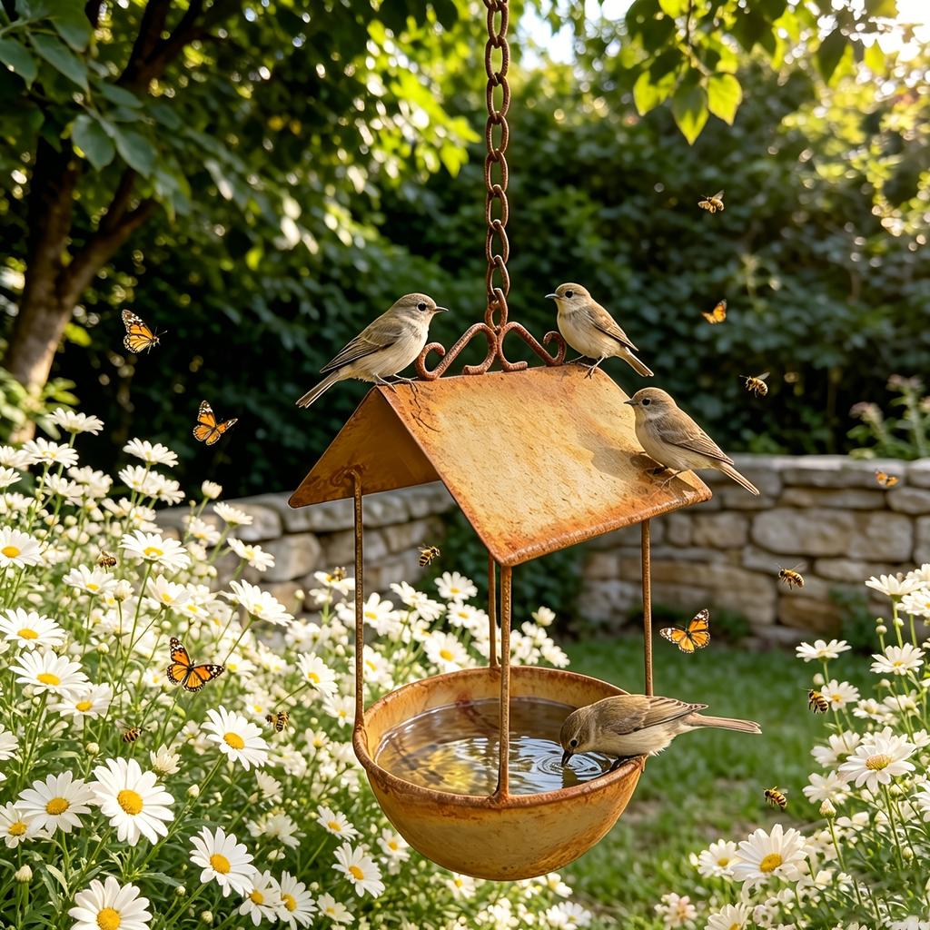 Wrought Iron Bird Feeder Rust Colored Hanging Feeder 1pc Wildlife Water and Food Supply Courtyard Home Ornament Outdoor Garden Decoration Excellent