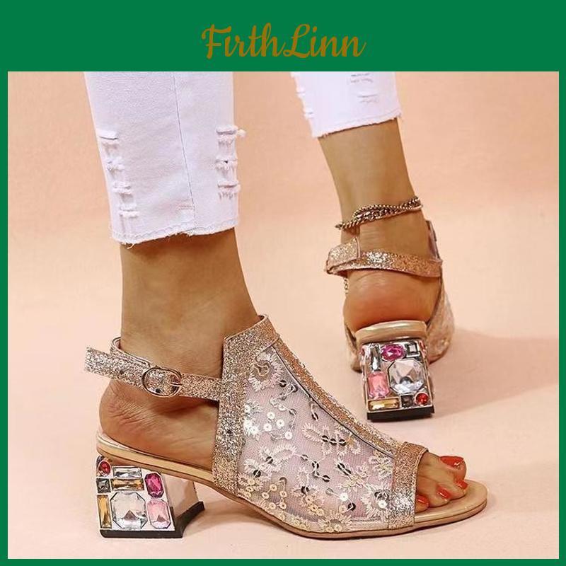 Women New Summer Sandals Fashion Rhinestone Sandals Ladies Buckle Strap Medium Heel Sandals Women Shoes For Women