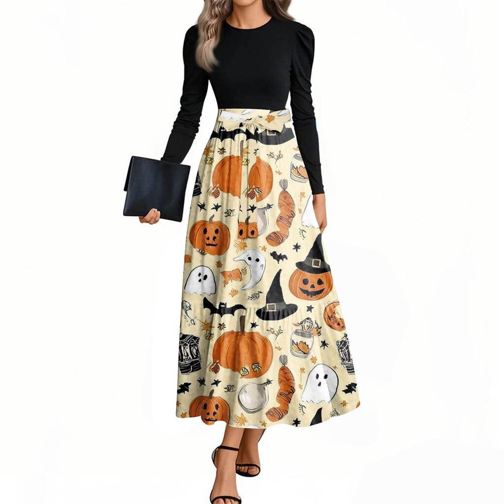 Women's Fashion Casual Belted Long Sleeve Round Neck Halloween Printed Elegant Temperament Dresses