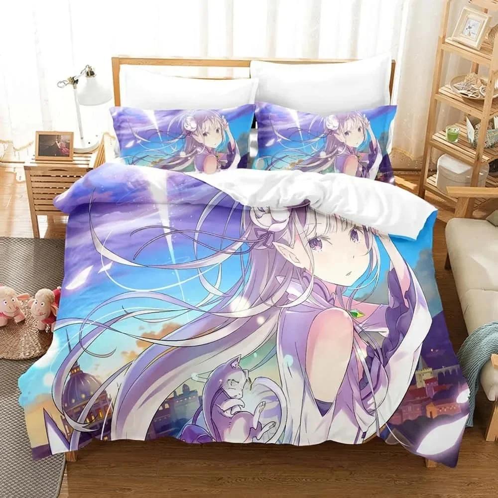 Anime ReZERO -Starting Life in Another World Bedding Set Printed Bed Set With Pillowcase Duvet Cover Soft Queen Super King Size