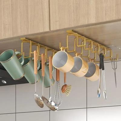 Punch-free Double-row Hooks Kitchen Cupboard Under Shelf Mug Cup Hanger Hook Iron Hanging Rack Holder Kitchen Cabinet Organizer
