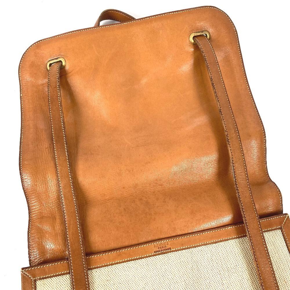 HERMES vintage flap tote bag, handbag Shoulder Bag Leather/Canvas Beige/Brown