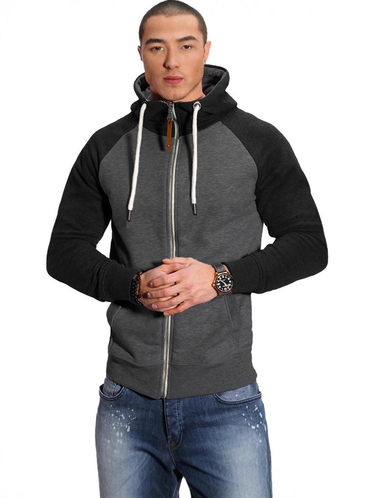 Men's European Size Color Block Raglan Sleeve Hooded Cardigan Sweatshirt