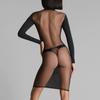 Spring solid color semi high neck long sleeved mesh splicing sexy perspective one-step skirt dress
