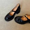 Rindslederversion~ Mary Jane kleine Lederschuhe Retro runde Zehenpartie Metallschnalle dicke Sohle flacher Ausschnitt Pendeln vielseitig dicker Absatz Einzelne Schuhe