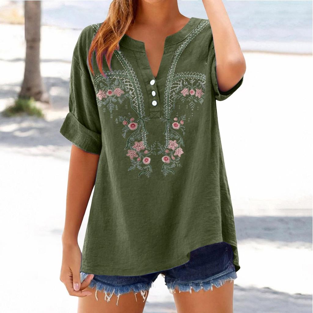 Haut T-shirt Décontracté Tendance pour Femme Coupe Ample Col en V Boutonné Brodé