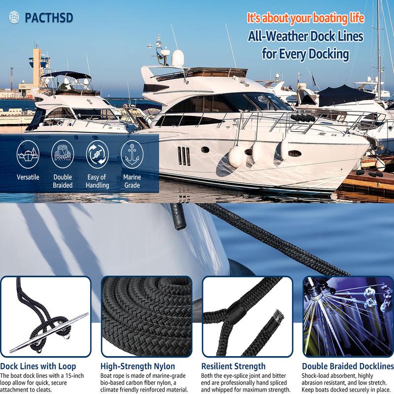 4.6m/15ft Black Boat Dock Lines Heavy Duty Dock Mooring Rope Boat Anchor Rope Marine Grade for Yacht Fishing Boat Nylon Line