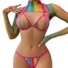 Plus Size Rainbow Festival Fishnet Lingerie Set with Long Sleeves and Open Back